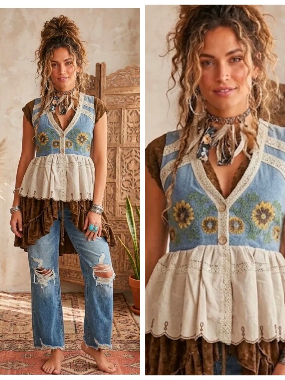 Boho Sunflower Tiered Peplum Vest Top - Blue & Cream